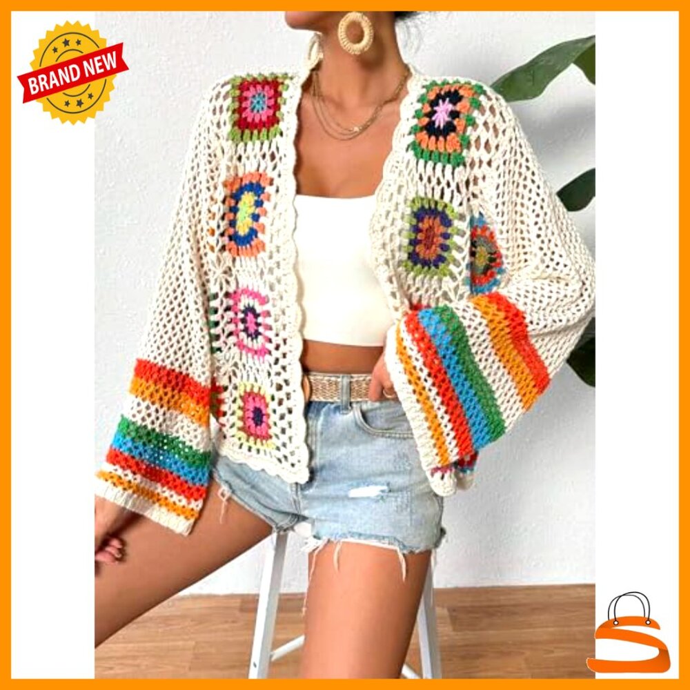 Floral Crochet Cardigan, Long Sleeve Open Front Sweater, Loose Fit Acrylic - Picture 6 of 6